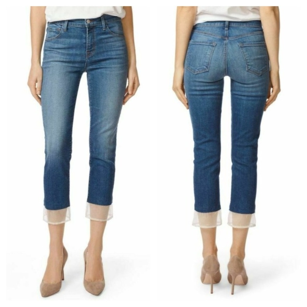 J Brand Denim Ruby High Rise Cropped Cigarette Jeans 25 Gossamer Cute‎ Mesh Hem